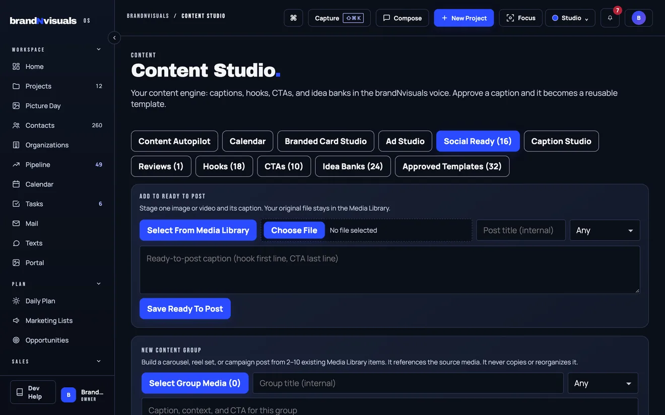 bookLeedr Content Studio: the workspace navigation beside the content engine with its tabs for autopilot, calendar, card studio, ad studio, social-ready posts, hooks, CTAs, idea banks and approved templates