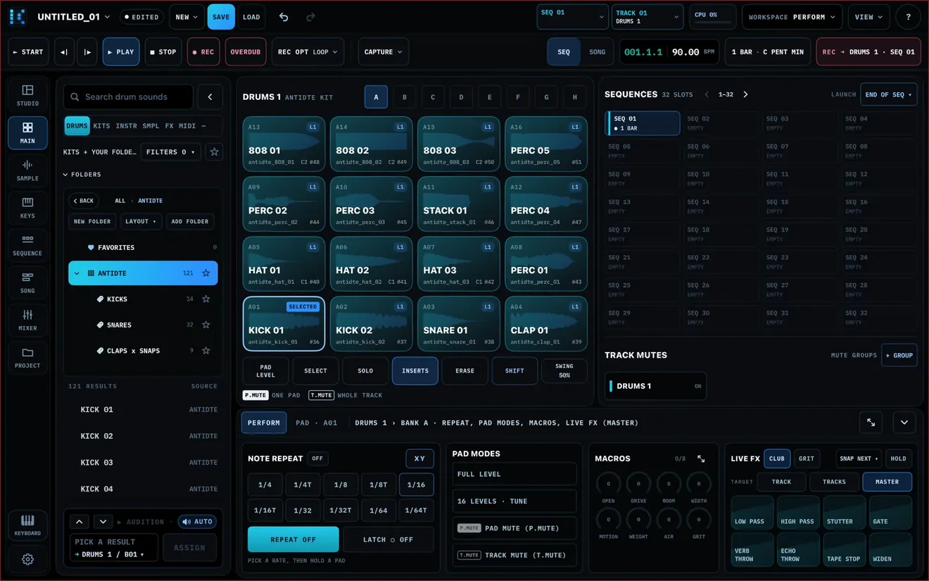 KDNCE main workspace on Mac: a drum kit on sixteen pads, the sequence grid, note repeat, pad modes and live effects