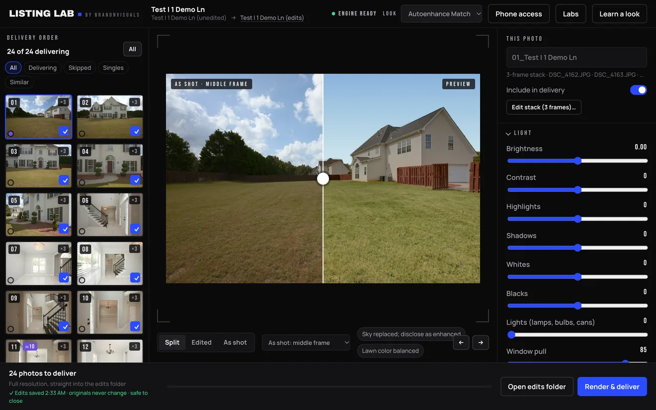 Listing Lab editor on Mac: a 24-photo delivery order, a split before-and-after of a house exterior with the sky and lawn corrected, and the light and window pull controls